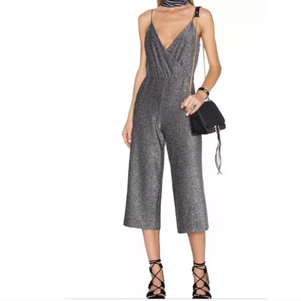 NEW House of Harlow Jumpsuit Retro Disco Silver Sleeveless Crop Wide Leg Romper